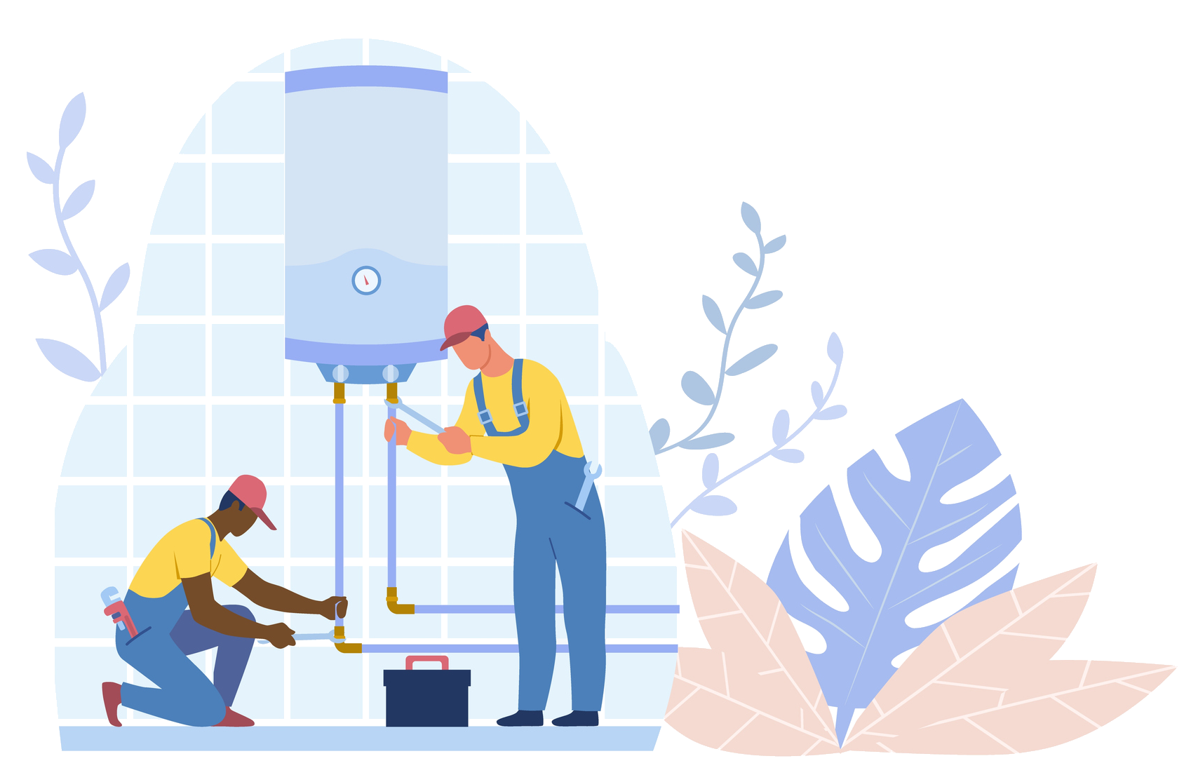 People fixing pipes coming out of a boiler in a nice friendly envionment with plants around